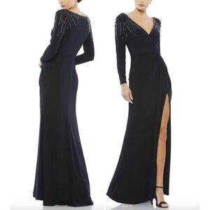 MAC DUGGAL Navy Stone Embellish Side Slit Gown Maxi Dress Long Sleeve